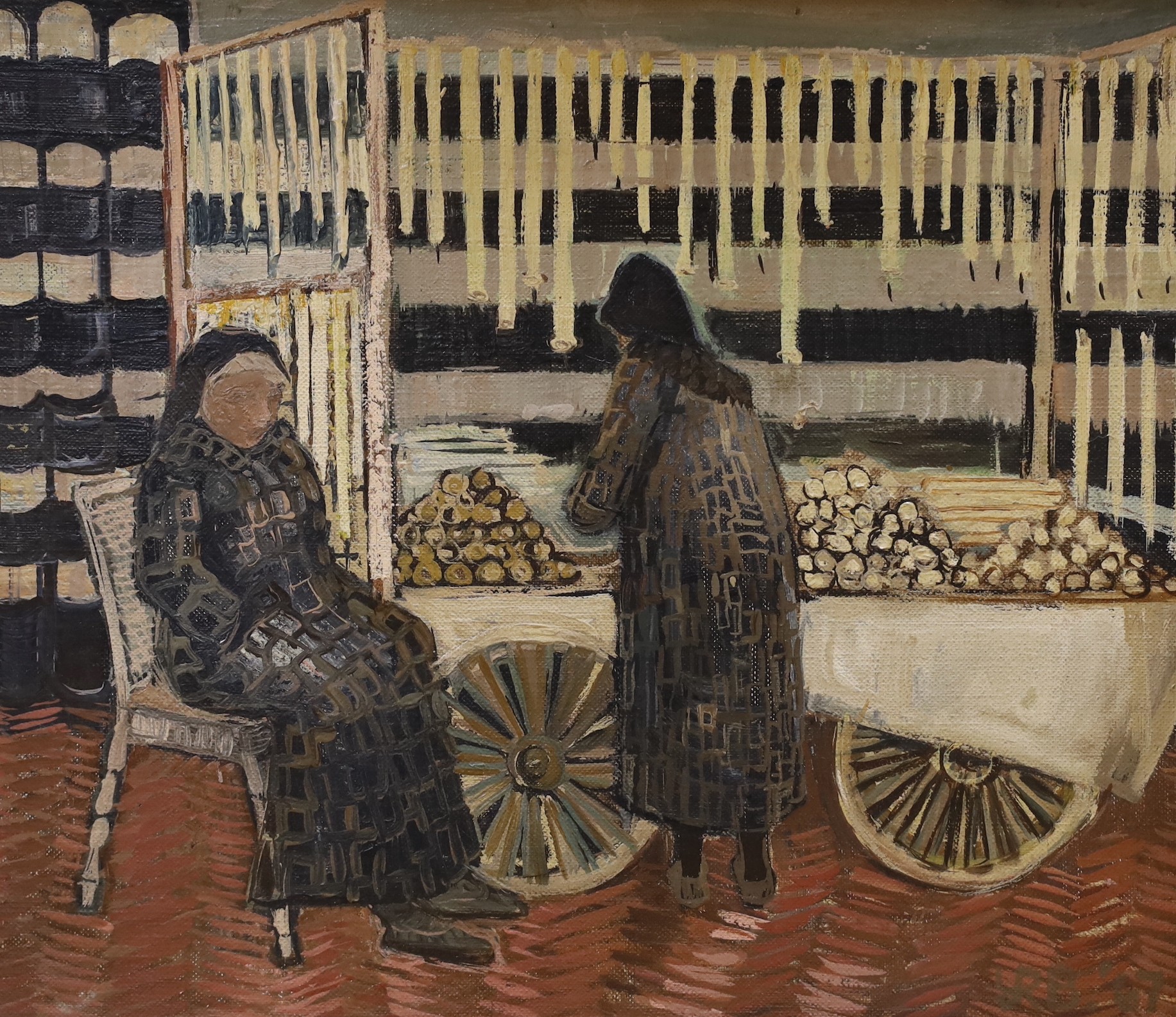 Modern British, 20th century, oil on canvas, Seated figures beside a market cart, indistinctly initialled and dated ’67 lower right, 28 x 34cm